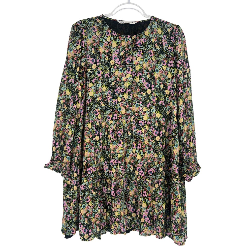 Zara Floral Mini Dress Womens Large Black Multi Tiered Long Sleeve Boho Babydoll